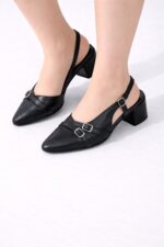 Çift Tokalı Siyah Slingback Blok Topuk - Görsel 5