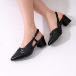 Çift Tokalı Siyah Slingback Blok Topuk