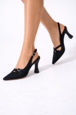 Luna Siyah Süet Slingback Topuklu