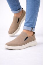 Bej Erkek Slip-On Ayakkabı – Delikli Yazlık Konfor Model
