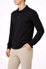 Siyah Uzun Kollu Basic Polo Yaka Erkek sweatshirt - Görsel 5