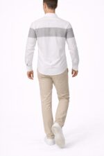 Erkek Beyaz Gri Çizgi Detaylı Uzun Kollu Gömlek - Görsel 3