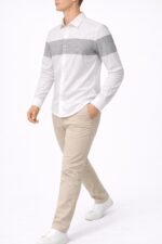 Erkek Beyaz Gri Çizgi Detaylı Uzun Kollu Gömlek - Görsel 2