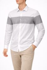 Erkek Beyaz Gri Çizgi Detaylı Uzun Kollu Gömlek