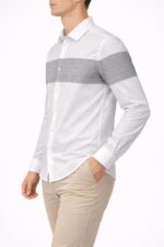 Erkek Beyaz Gri Çizgi Detaylı Uzun Kollu Gömlek - Görsel 4