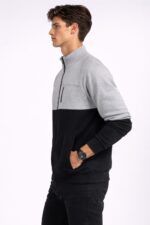 Erkek Gri-Siyah Fermuarlı Blok Renk Sweatshirt - Görsel 3