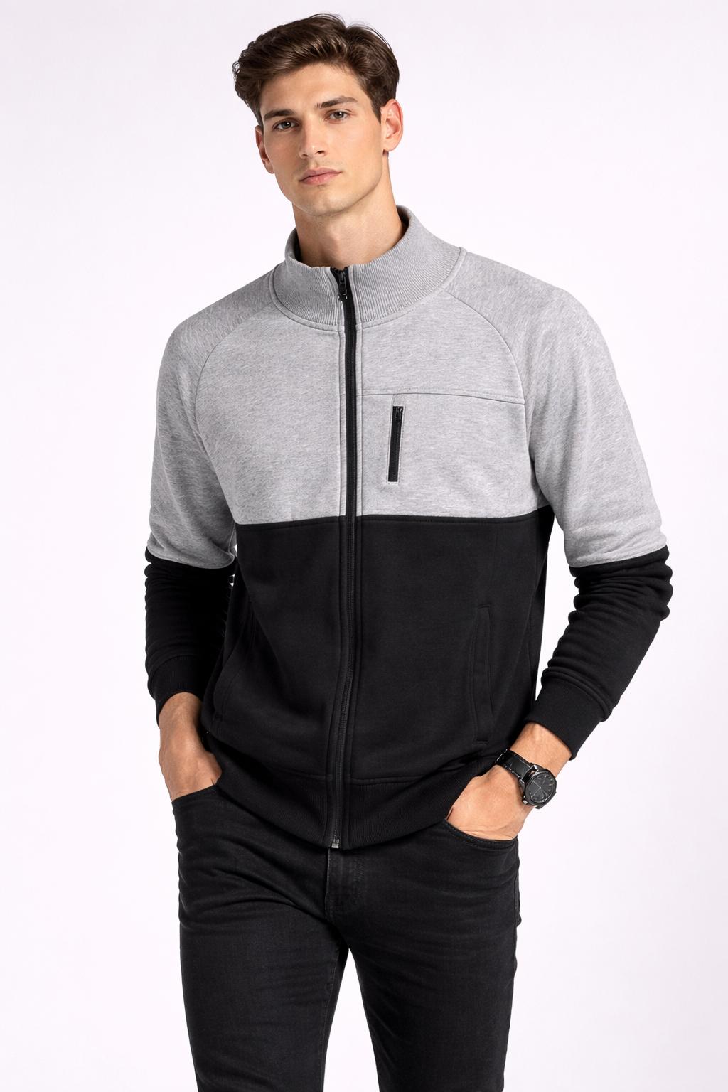 WhatsApp Image 2026-02-20 at 20.53.18 Erkek Gri-Siyah Fermuarlı Blok Renk Sweatshirt - Görsel 1