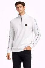 Beyaz Erkek Yarım Fermuarlı Dik Yaka Sweatshirt