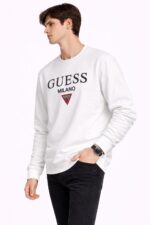 Erkek Beyaz Guess Milano Baskılı Sweatshirt Bisiklet Yaka
