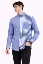 Modern Çizgi Blok Mavi Erkek Gömlek