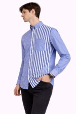 Modern Çizgi Blok Mavi Erkek Gömlek - Görsel 4