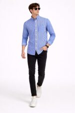 Modern Çizgi Blok Mavi Erkek Gömlek - Görsel 2