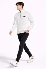 Beyaz Erkek Yarım Fermuarlı Dik Yaka Sweatshirt - Görsel 3